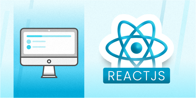 Logo of ReactJS with computer on left