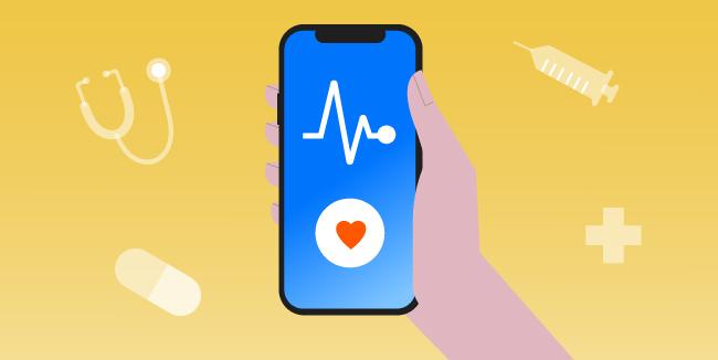 Hand holding a smartphone with medical-related icons all around