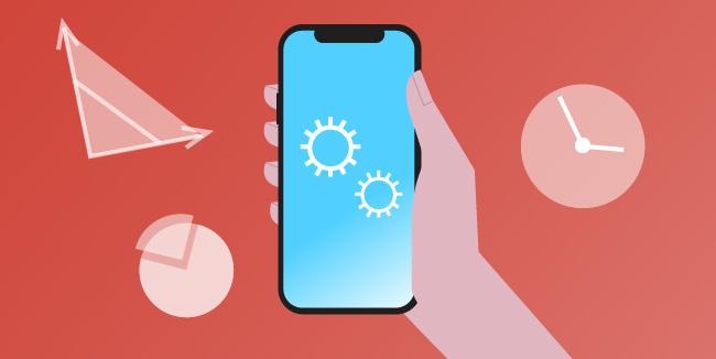 Hand holding a smartphone with management-related icons all around