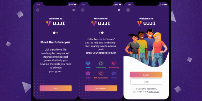 Three screens of UJJI app onboarding process on a violet background