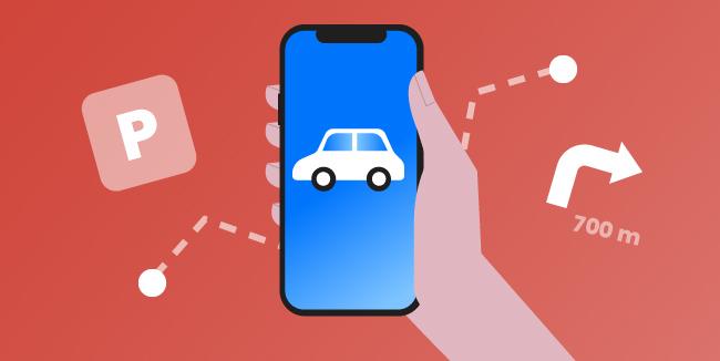Hand holding a smartphone with parking-related icons all around