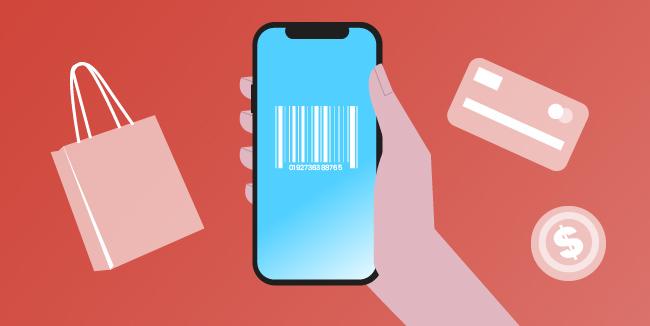 Hand holding a smartphone with shopping-related icons all around