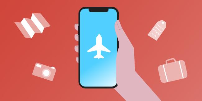 Hand holding a smartphone with travel-related icons all around
